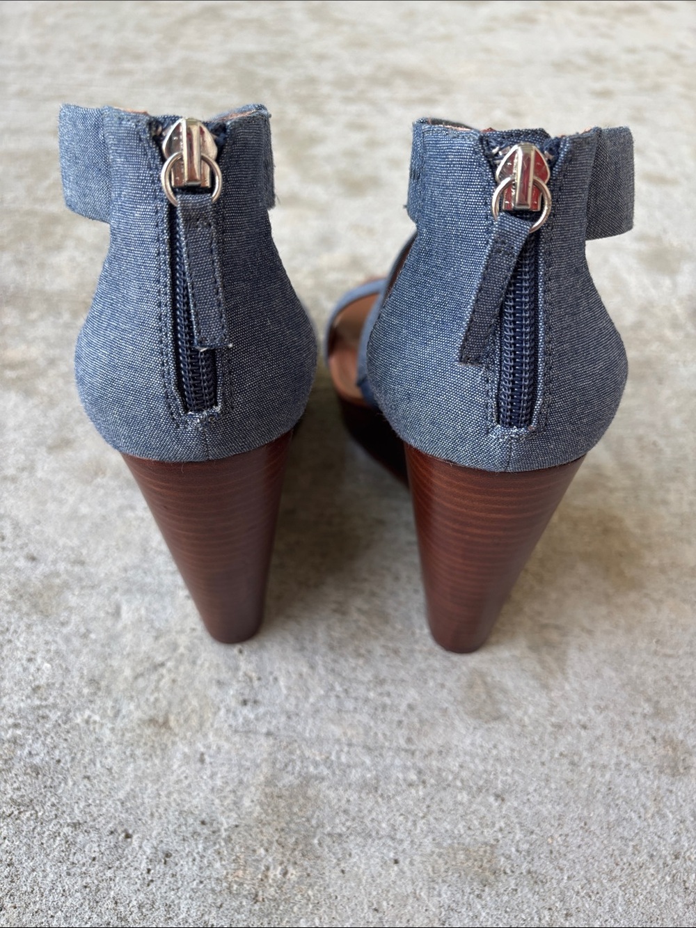 White House Black Market Chambray Crisscross Wedge Sandals - Blue and Brown - Picture 6 of 15